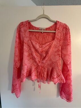 BCBG Pink Heart-Print Peplum Tie-Front Blouse